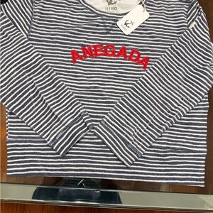 HIHO Navy & White Striped Off-the-Shoulder Sweater with Red Appliqué